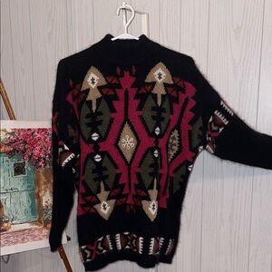 VINTAGE 80s ANGORA / WOOL AZTEC NAVAJO DESIGN SWEATER PULLOVER HONG KONG L-XL